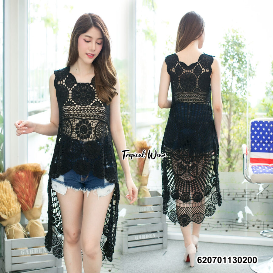 เสื้อถักลูกไม้ฉลุลายแบบหน้าสั้น หลังยาว -620701130200 - Image 3