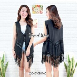 fringe longline chiffon cover-up in black, beige showing sleeveless longline shape with open front and fringe hem