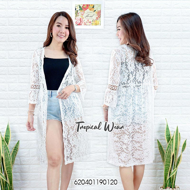 เสื้อคลุมตัวยาวผ้าลูกไม้แขนระบายสไตล์มินิมัล