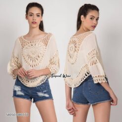 เสื้อคอตตอนแต่งผ้าถักโครเชต์ ทรงค้างคาว-580501080170 - Image 4