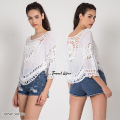 เสื้อคอตตอนแต่งผ้าถักโครเชต์ ทรงค้างคาว-580501080170 - Image 2