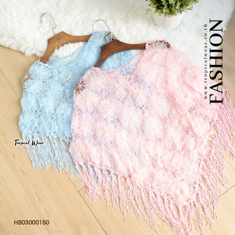 Fringed Multicolor Knit Poncho in light blue and pink, perfect for boho chic fashion