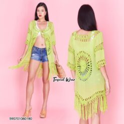 open-front chiffon kimono with crochet fringe, Fringed Crochet Open-Front Kimono, One Size (Free bust; length 37 in)