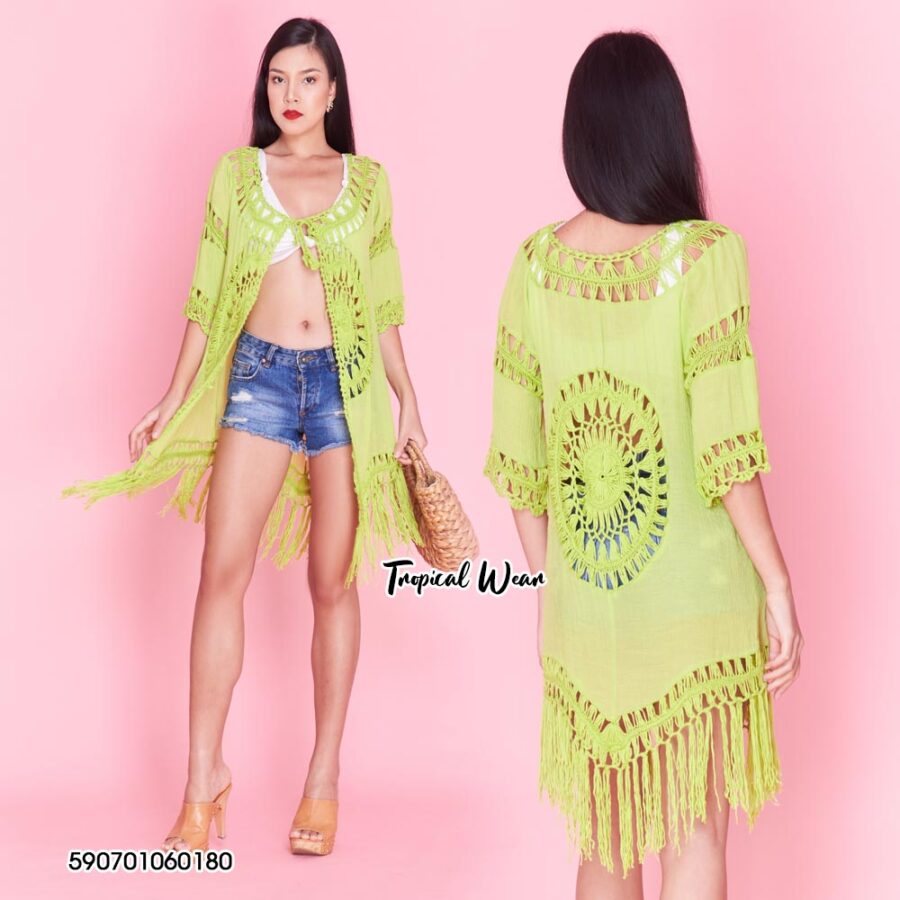 open-front chiffon kimono with crochet fringe, Fringed Crochet Open-Front Kimono, One Size (Free bust; length 37 in)