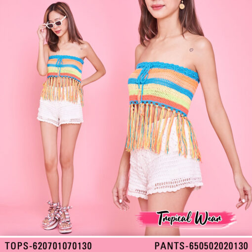 Festival ready crochet top with fringe in colorful and white variations