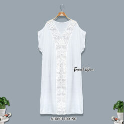 Boho kaftan dress in white with intricate crochet detail, ideal for a stylish summer outfit