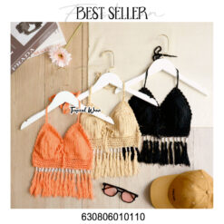 Handmade crochet bralette with tassel detail in orange, beige, and black, perfect for a boho chic look.