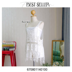 Boho sleeveless lace tank with fringe, available in black and white.