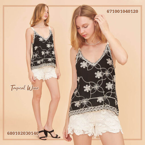 Lace embroidered cotton camisole top with intricate lace details, perfect for casual or chic looks