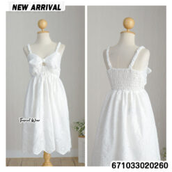 Sleeveless embroidered eyelet dress with a bow front and shirred back for a comfortable fit