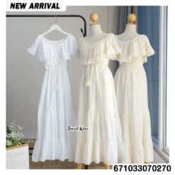 Bohemian off-shoulder tiered dress with ruffles and a flowy design for casual summer style