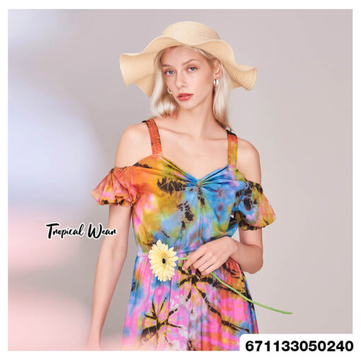 Handmade bohemian tie-dye dress on a mannequin, showcasing its flowing design.