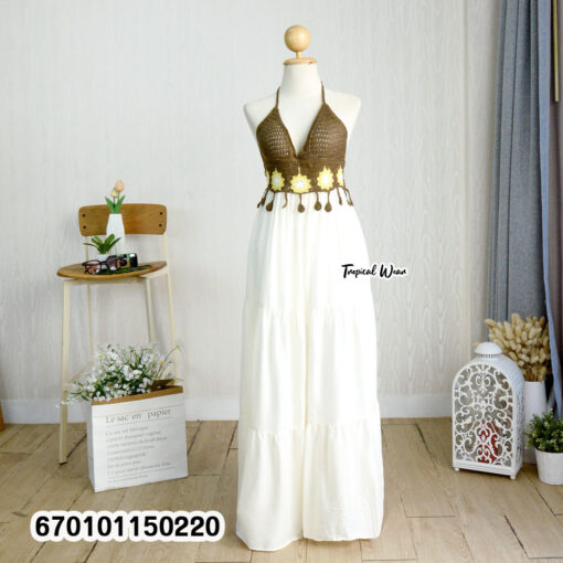 Handmade crochet bustier halter maxi dress with an adjustable back tie and flowing skirt