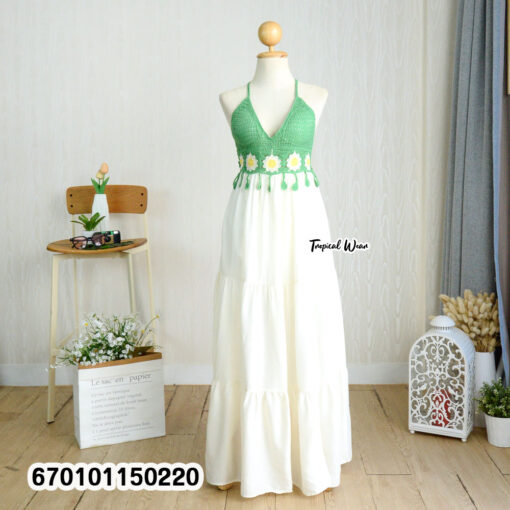 Handmade crochet bustier halter maxi dress with an adjustable back tie and flowing skirt