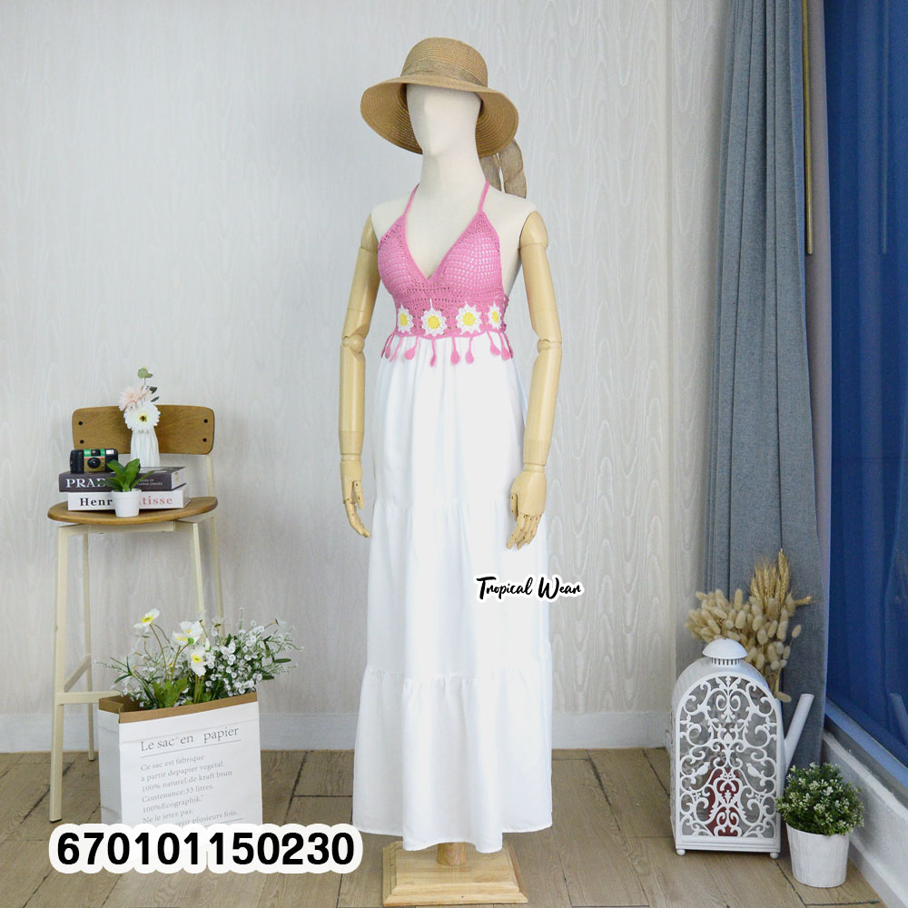 Handmade crochet bustier halter maxi dress with an adjustable back tie and flowing skirt