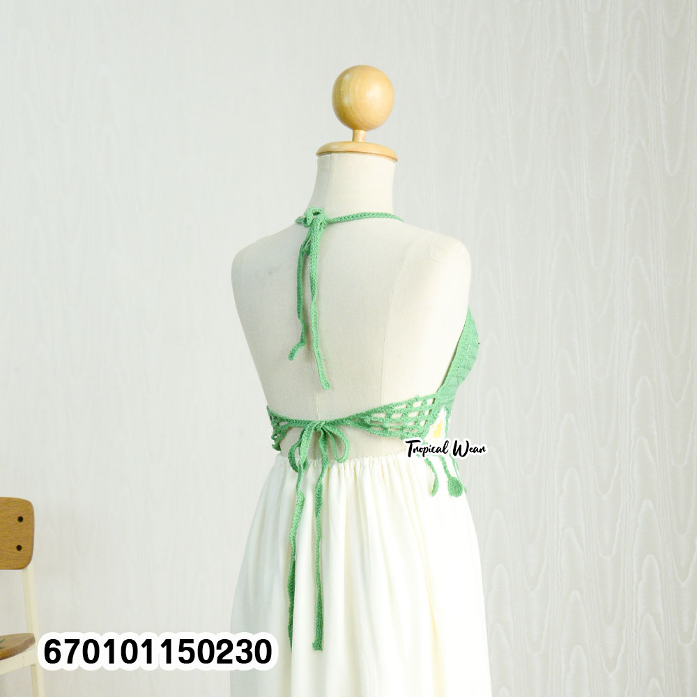Handmade crochet bustier halter maxi dress with an adjustable back tie and flowing skirt