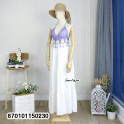 Handmade crochet bustier halter maxi dress with an adjustable back tie and flowing skirt