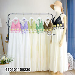 Handmade crochet bustier halter maxi dress with an adjustable back tie and flowing skirt