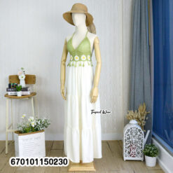 Handmade crochet bustier halter maxi dress with an adjustable back tie and flowing skirt