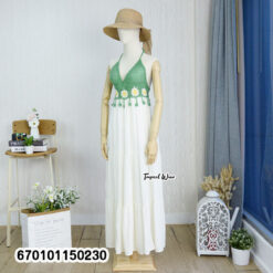 Handmade crochet bustier halter maxi dress with an adjustable back tie and flowing skirt
