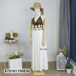 Handmade crochet bustier halter maxi dress with an adjustable back tie and flowing skirt