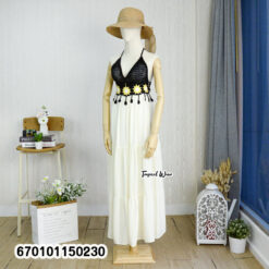 Handmade crochet bustier halter maxi dress with an adjustable back tie and flowing skirt
