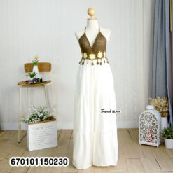 Handmade crochet bustier halter maxi dress with an adjustable back tie and flowing skirt
