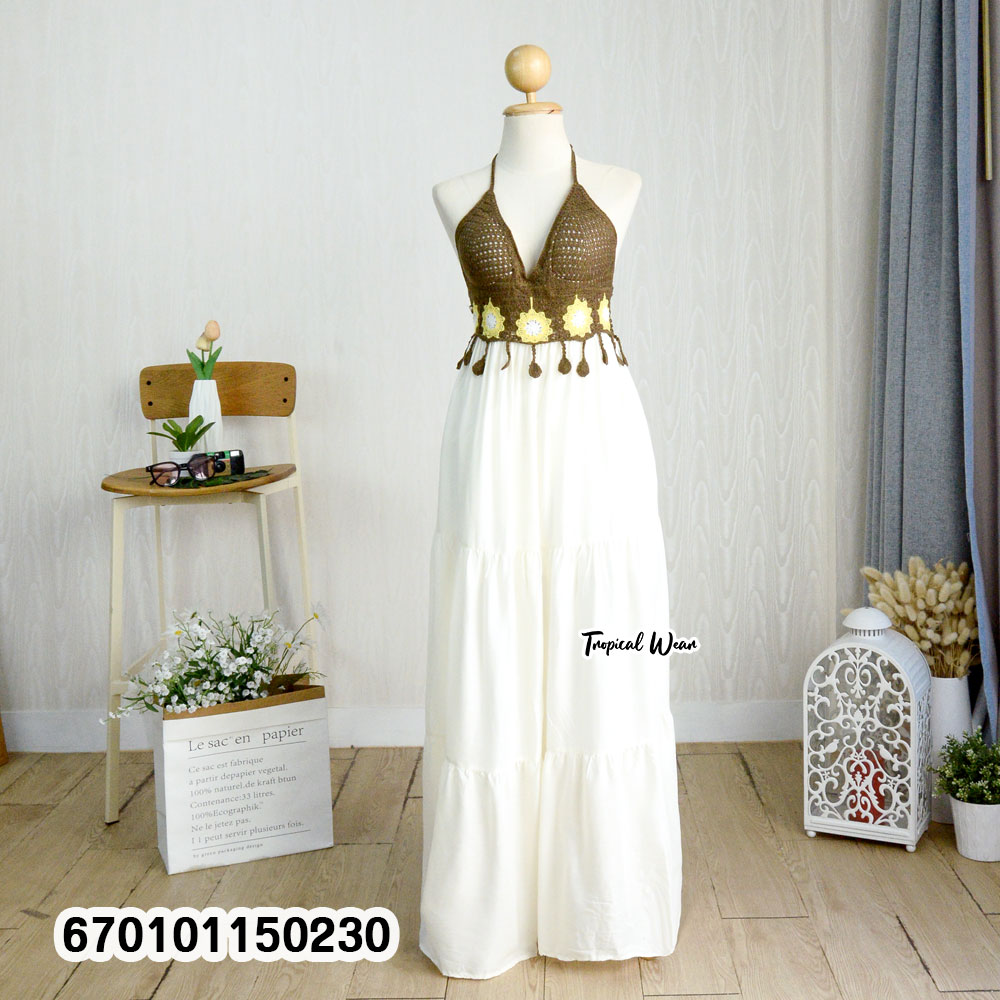 Handmade crochet bustier halter maxi dress with an adjustable back tie and flowing skirt