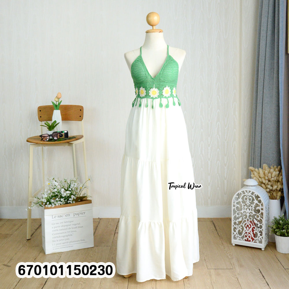 Handmade crochet bustier halter maxi dress with an adjustable back tie and flowing skirt