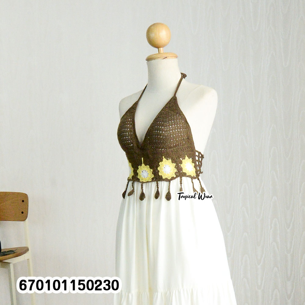 Handmade crochet bustier halter maxi dress with an adjustable back tie and flowing skirt