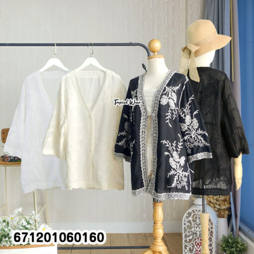 Boho embroidered cotton cardigan with floral details and lace trim, free size