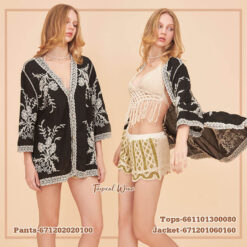 Boho embroidered cotton cardigan with floral details and lace trim, free size