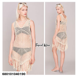 Cotton crochet beach cover-up dress with fringe in white, cream, and black