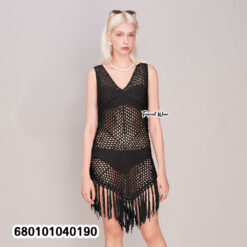 Cotton crochet beach cover-up dress with fringe in white, cream, and black