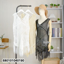 Cotton crochet beach cover-up dress with fringe in white, cream, and black