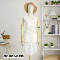 Cotton crochet beach cover-up dress with fringe in white, cream, and black