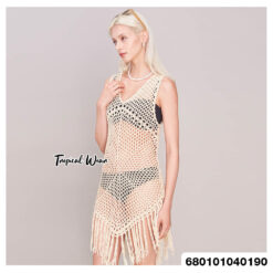 Cotton crochet beach cover-up dress with fringe in white, cream, and black