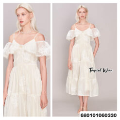 Romantic tiered maxi dress with lace details and an off-shoulder ruffle sleeve design