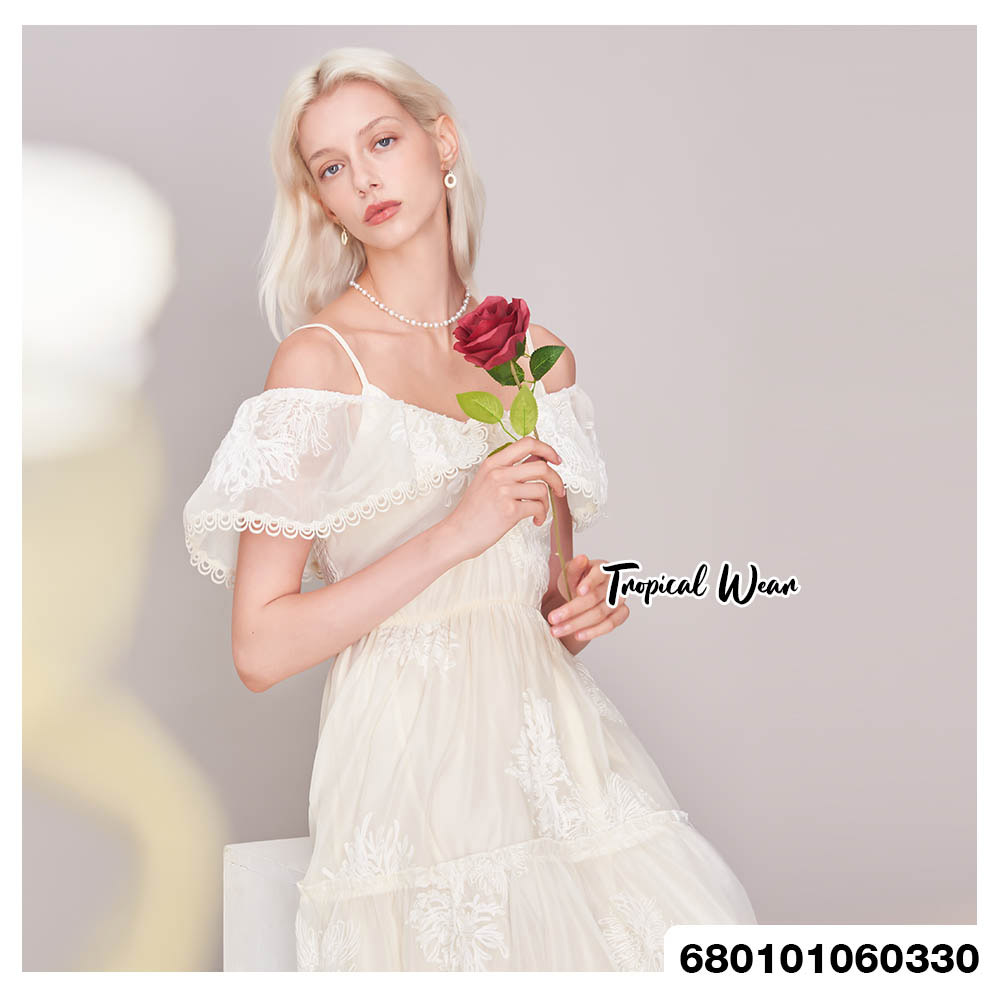 Romantic tiered maxi dress with lace details and an off-shoulder ruffle sleeve design