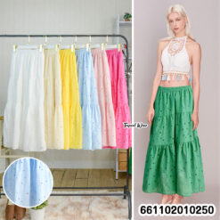 Bohemian style eyelet cotton skirt in pastel tones with free-size stretchable waist