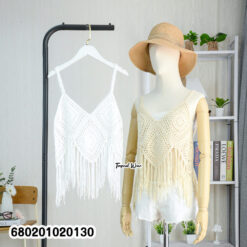 Boho crochet cotton top with fringe, free-size summer fashion