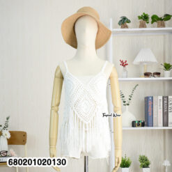 Boho crochet cotton top with fringe, free-size summer fashion