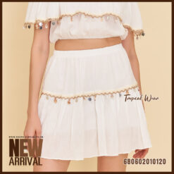 Boho cotton mini skirt with shell trim and coins – perfect for beach fashion and summer shops