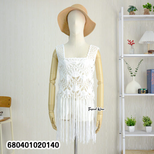 Macramé-style crochet tank top with fringe detailing, shown in white and beige.