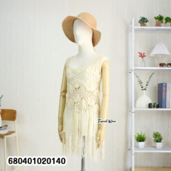 Macramé-style crochet tank top with fringe detailing, shown in white and beige.