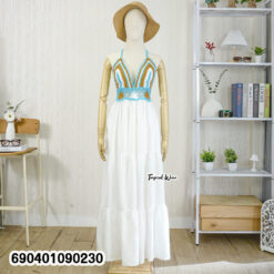 Boho crochet summer dress with tiered skirt and tie-back halter neckline.