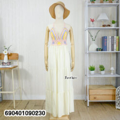 Boho crochet summer dress with tiered skirt and tie-back halter neckline.