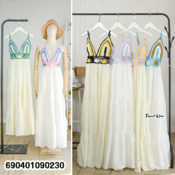 Boho crochet summer dress with tiered skirt and tie-back halter neckline.