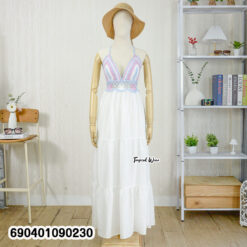 Boho crochet summer dress with tiered skirt and tie-back halter neckline.
