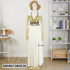 Boho crochet summer dress with tiered skirt and tie-back halter neckline.